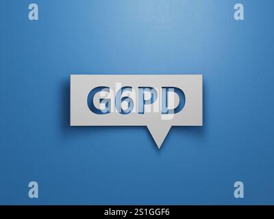 G6PD. Textabkürzung auf Sprachblase. Minimalistisches abstraktes Design mit weißem Papier.3D-Rendering auf blauem Hintergrund. Stockfoto