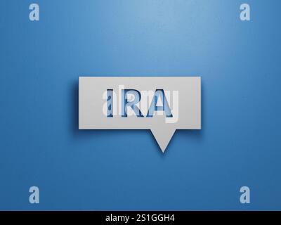 IRA-individuelles Altersvorsorgekonto Wort über Sprachblase-Block. Minimalistisches abstraktes Design mit weißem Papier.3D-Rendering auf blauem Hintergrund. Stockfoto