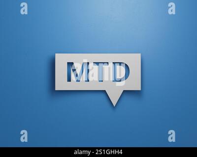 mtd-Konzept zur Sprachblase. Minimalistisches abstraktes Design mit weißem Papier.3D-Rendering auf blauem Hintergrund. Stockfoto