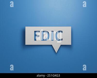 Word fdic auf Sprechblase mit Kopierraum. Minimalistisches abstraktes Design mit weißem Papier.3D-Rendering auf blauem Hintergrund. Stockfoto