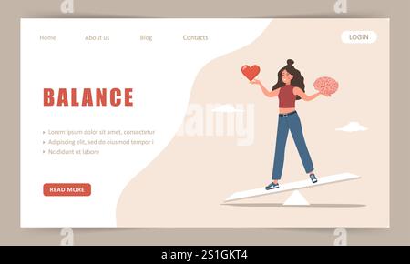 Gleichgewicht zwischen Gehirn und Herz. Vorlage für Landing-Page. Die Frau versucht, zwischen Instinkt und Intellekt auszubalancieren. Vektor-Illustration in flachem Cartoon Stock Vektor
