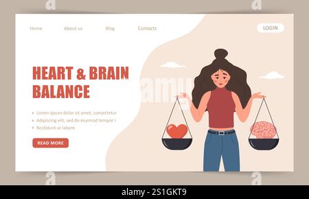 Herz-Hirn-Balance. Vorlage für Landing-Page. Frau, die Waage hält, Gehirn und Herz in der Hand. Kontrollgefühl und Emotionskonzept. Vektor Stock Vektor