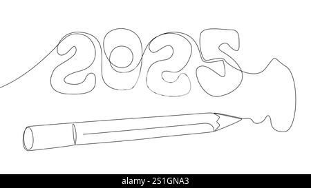 Eine durchgehende Zeile der Nummer 2025, geschrieben von mit Filzstift. Vektorkonzept für die Darstellung dünner Linien. Konturzeichnung kreative Ideen. Stock Vektor
