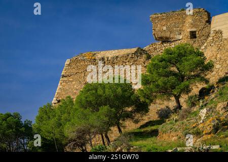 Castell de la Trinitat (Schloss der dreifaltigkeit), in Puig Rom, mit Blick auf die Bucht der Rosen (Alt Empordà, Girona, Katalonien, Spanien) Stockfoto