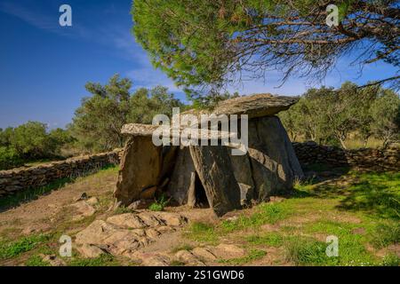 Dolmen der Creu d'en Cobertella und der umliegenden Ruinen, auf der Megalithroute der Rosen, in Cap de Creus (Alt Empordà, Girona, Katalonien, Spanien) Stockfoto