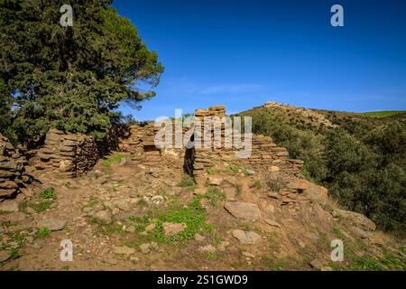 Dolmen der Creu d'en Cobertella und der umliegenden Ruinen, auf der Megalithroute der Rosen, in Cap de Creus (Alt Empordà, Girona, Katalonien, Spanien) Stockfoto