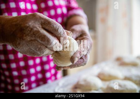Zu Hause backen. Hausgemachter Kuchenteig in den Händen der Frauen. Prozess der Tortenherstellung, Hand. Hände Tortenteig. Kocht Teig zum Backen, Stücke von rohem Teig Stockfoto