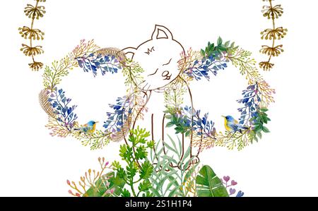 Aquarellmalereien kombinieren grüne Blätter mit Vogel- und Katzenblüten mit Wildblumengarten, weißem Hintergrund. Handzeichnung Malerei Illustration mit Frühling Stockfoto