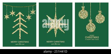 Weihnachtsgrußkarten zum Neujahr. Goldener Weihnachtsbaum, Neujahrsbälle, funkelnder Stern, minimales Posterdesign für Cover, Banner, Einladung templat Stock Vektor
