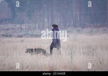 Thursley Common, Elstead. Januar 2025. Ein sehr kalter Start in den Tag für die Home Counties mit Temperaturen weit unter null Celsius. Ein frostiger Sonnenaufgang am Thursley Common in Elstead, nahe Godalming, in Surrey. Quelle: james jagger/Alamy Live News Stockfoto