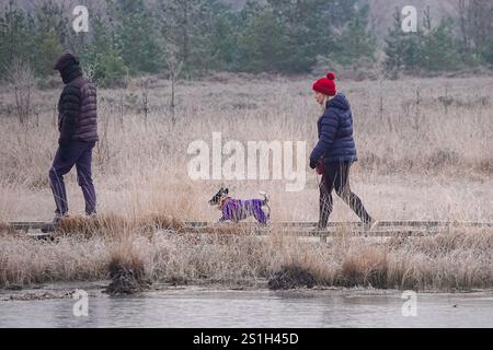 Thursley Common, Elstead. Januar 2025. Ein sehr kalter Start in den Tag für die Home Counties mit Temperaturen weit unter null Celsius. Ein frostiger Sonnenaufgang am Thursley Common in Elstead, nahe Godalming, in Surrey. Quelle: james jagger/Alamy Live News Stockfoto