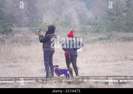 Thursley Common, Elstead. Januar 2025. Ein sehr kalter Start in den Tag für die Home Counties mit Temperaturen weit unter null Celsius. Ein frostiger Sonnenaufgang am Thursley Common in Elstead, nahe Godalming, in Surrey. Quelle: james jagger/Alamy Live News Stockfoto