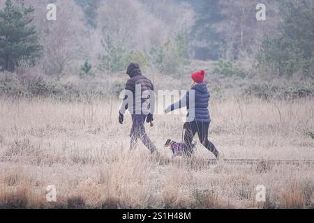 Thursley Common, Elstead. Januar 2025. Ein sehr kalter Start in den Tag für die Home Counties mit Temperaturen weit unter null Celsius. Ein frostiger Sonnenaufgang am Thursley Common in Elstead, nahe Godalming, in Surrey. Quelle: james jagger/Alamy Live News Stockfoto