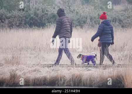 Thursley Common, Elstead. Januar 2025. Ein sehr kalter Start in den Tag für die Home Counties mit Temperaturen weit unter null Celsius. Ein frostiger Sonnenaufgang am Thursley Common in Elstead, nahe Godalming, in Surrey. Quelle: james jagger/Alamy Live News Stockfoto