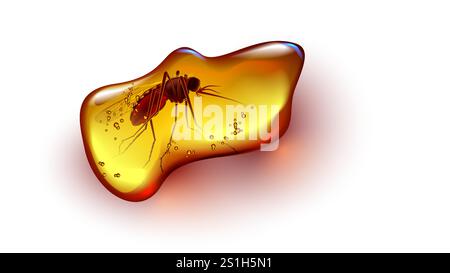 Bernstein mit Insektenmücke innen. Fossile alte orange Stein Bernstein mit Käfer gefroren innen auf weiß. Fossile Mücke in sunstone-Harz. Realistisches VEC Stock Vektor