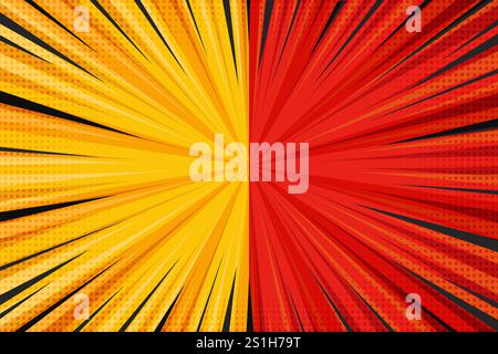 Pop Art Comic Hintergrund. Superhelden-Zeichentrickbuchdesign mit Retro-Starburst-Effekt. Vs-Vorlage mit gelbem und rotem Hintergrund. Lustiges gestreiftes Poster Stock Vektor