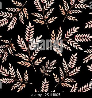 Pflanzliches Aquarellmuster mit abstrakten, orangen Zweigen. Isoliertes Aquarellmuster auf schwarzem Hintergrund. Geeignet für Textilien und Typografie Stockfoto