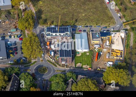 Luftbild, Baustelle mit Neubau am ehemaligen Bergwerk Niederberg, Bendschenweg Ecke Niederberg, Kreisverkehr, Vluyn, Neukirchen-Vluyn, Ruhrgebiet, Nor Stockfoto