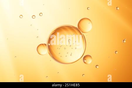 Goldene Glaskugeln mit Molekül, Konzept Hautpflege Kosmetik Hintergrund, 3D-Rendering. 3D-Abbildung. Stockfoto