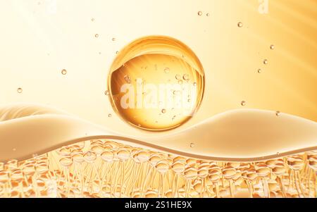 Goldene Glaskugeln oder -Zellen auf der goldenen Haut, Konzept Hautpflege Kosmetik Hintergrund, 3D-Rendering. 3D-Abbildung. Stockfoto