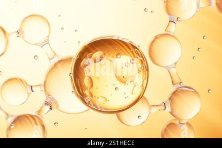 Goldene Glaskugeln und Molekül auf weichem Hintergrund, Konzept Hautpflege Kosmetik Hintergrund, 3D-Rendering. 3D-Abbildung. Stockfoto