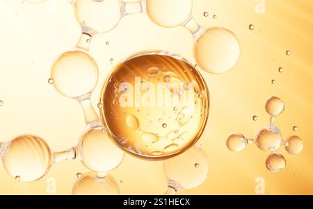 Goldene Glaskugeln und Molekül auf weichem Hintergrund, Konzept Hautpflege Kosmetik Hintergrund, 3D-Rendering. 3D-Abbildung. Stockfoto