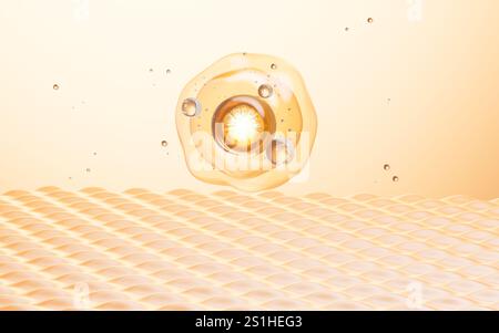 Abstrakte goldene Glaskugeln, Konzept Hautpflege Kosmetik Hintergrund, 3D-Rendering. 3D-Abbildung. Stockfoto