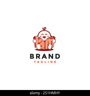 Niedliches Babybuch-Logo. Niedliches Baby, das ein Buch liest, Logodesign. Stock Vektor