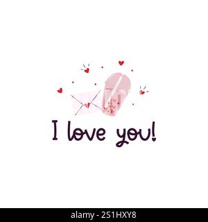 Valentinskarte mit handgezeichnetem Schriftzug und niedlicher Illustration von Seifenblütentee und Liebesbrief. Stock Vektor