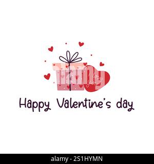 Valentinskarte mit handgezeichnetem Schriftzug und süßer Illustration von Geschenkbox und Herz. Stock Vektor
