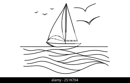 Fortlaufende Linienzeichnung der Yacht. Abstrakte Silhouette eines Segelschiffs. Vorlage für Ihre Konstruktion funktioniert. Vektorabbildung. Stock Vektor
