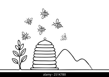 Niedliche Bienen, die in der Nähe von Bienenstöcken fliegen und die Frühlingslinie der Blumen gezeichnet. Stock Vektor