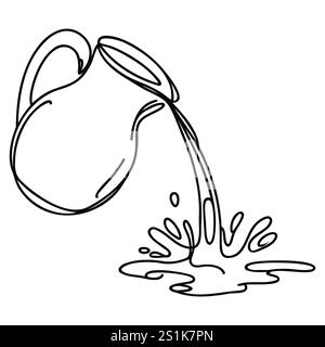 Eine durchgehende Linie Zeichnung einer Kanne Gießen Wasser. Eine Linie Zeichnung des Wassers, das aus einer Tonkanne kommt. Antike Kanne Icon. Einzelne Linie Vektor Illustration Stock Vektor