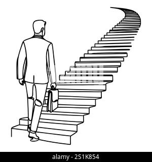 Ein Geschäftsmann mit einer Aktentasche in der Hand steht am Anfang der Karriereleiter Stock Vektor