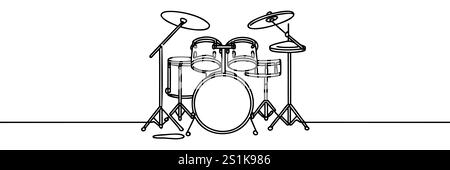 Eine einzelne Zeilenzeichnung des Trommelbandsatzes, Trommelkit. Schlaginstrumente Konzept. Trendige durchgehende Linie zeichnen Design Grafikvektor Illustrati Stock Vektor