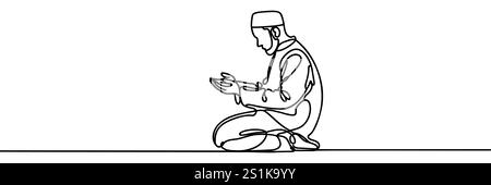 Durchgehende Linie, die einen muslimischen Mann zieht, der zu Gott betet. Hajj und umrah Konzept. Grafische Vektorgrafik-Illustration für eine einzelne Linie Stock Vektor