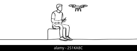 Durchgehende Linienzeichnung einer Drohnenkamera. Eine Linienzeichnung einer fliegenden Drohnenkamera. Fotos und Videos aus einer Höhe aufnehmen. Einzeilige Vektorillust Stock Vektor