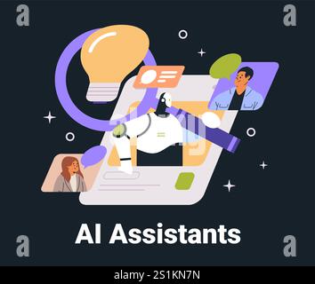 KI-Assistenten Roboter interagieren mit Benutzern digitale Kommunikation Glühbirnenkonzept Dunkelmodus Schnittstelle Website-Design Stock Vektor