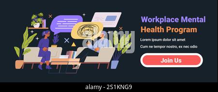 Diskussionsszene des Programms zur psychischen Gesundheit am Arbeitsplatz. Zwei Leute unterhalten sich auf einer Couch mit Sprechblasen und Pflanzen auf dunklem Hintergrund. Website-Banner Stock Vektor