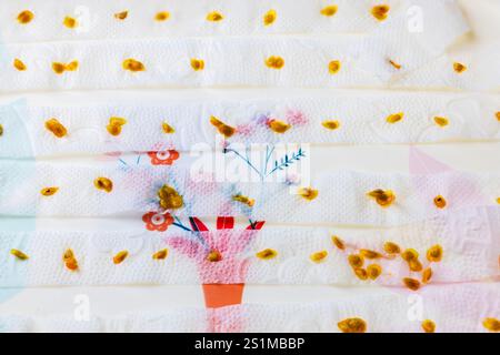 Tomatensamen trocknen auf weißen Papiertüchern mit Blumenmuster nach Extraktion zur Pflanzpräparation. Stockfoto