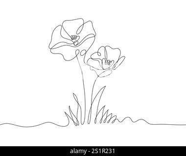 Fortlaufende Linienzeichnung von zwei Mohnblumen, die im Gras wachsen, symbolisiert das Gedenken an gefallene Helden und ehrt das Gedenken an gefallene Helden. Stock Vektor