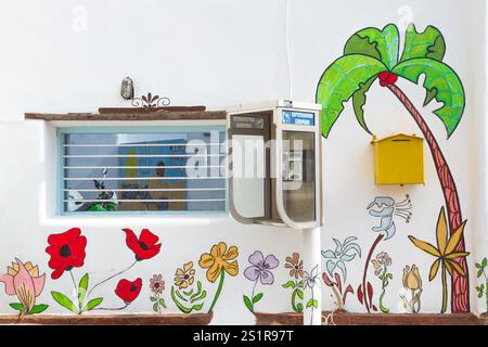 Bunte Fototapete mit Blumenmustern und öffentlicher Telefonzelle, Paradise Beach, Mykonos, Griechenland Stockfoto