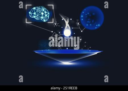 Medizintechnik. Menschliches Gehirn, DNA, neuronales Netzwerk und Molekülstrukturen auf dunkelblauem Hintergrund, Illustration Stockfoto