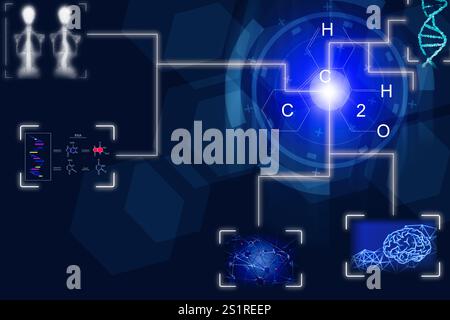 Medizintechnik. Schema mit Röntgenbild des menschlichen Skeletts, Daten, DNA, Gehirn und neuronales Netzwerk auf dunkelblauem Hintergrund, Illustration Stockfoto