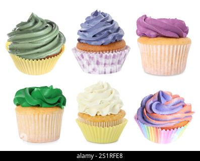 Leckere Cupcakes mit Creme isoliert auf weiß, Collage Stockfoto