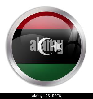 Libya-Flagge – der glänzende Kreisknopf zeigt eine farbenfrohe Flagge, die eine kulturelle Identität und ein kulturelles Erbe des Landes darstellt. Das Wesen des nationalen Stolzes und der Einheit. Stock Vektor