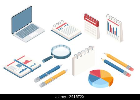 Sammlung isometrischer Büroartikel. Diagramme, Bleistifte, Kalender und Notizblöcke. Vektorillustration isoliert auf weißem Hintergrund. Stock Vektor