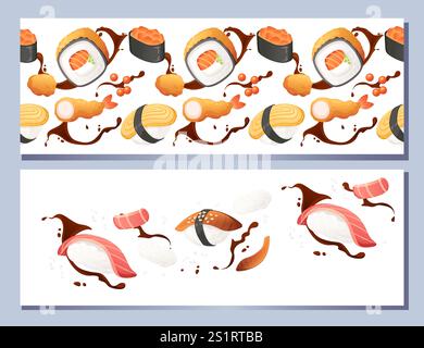 Vertikales Bannerdesign. Menükarte im Werbestil. Sushi Roll japan Street Fast Food mit Meeresfrüchten, Lachs, Thunfisch und Reis mit Käse Vektor Illustrati Stock Vektor