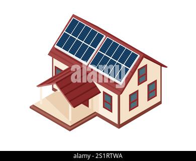 Isometrisches modernes Haus mit Solarpaneelen auf dem Dach. Ideal für erneuerbare Energien, umweltfreundliche Konzepte, nachhaltige Architektur oder grüne Technologie. V Stock Vektor