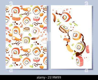 Vertikales Bannerdesign. Menükarte im Werbestil. Sushi Roll japan Street Fast Food mit Meeresfrüchten, Lachs, Thunfisch und Reis mit Käse Vektor Illustrati Stock Vektor